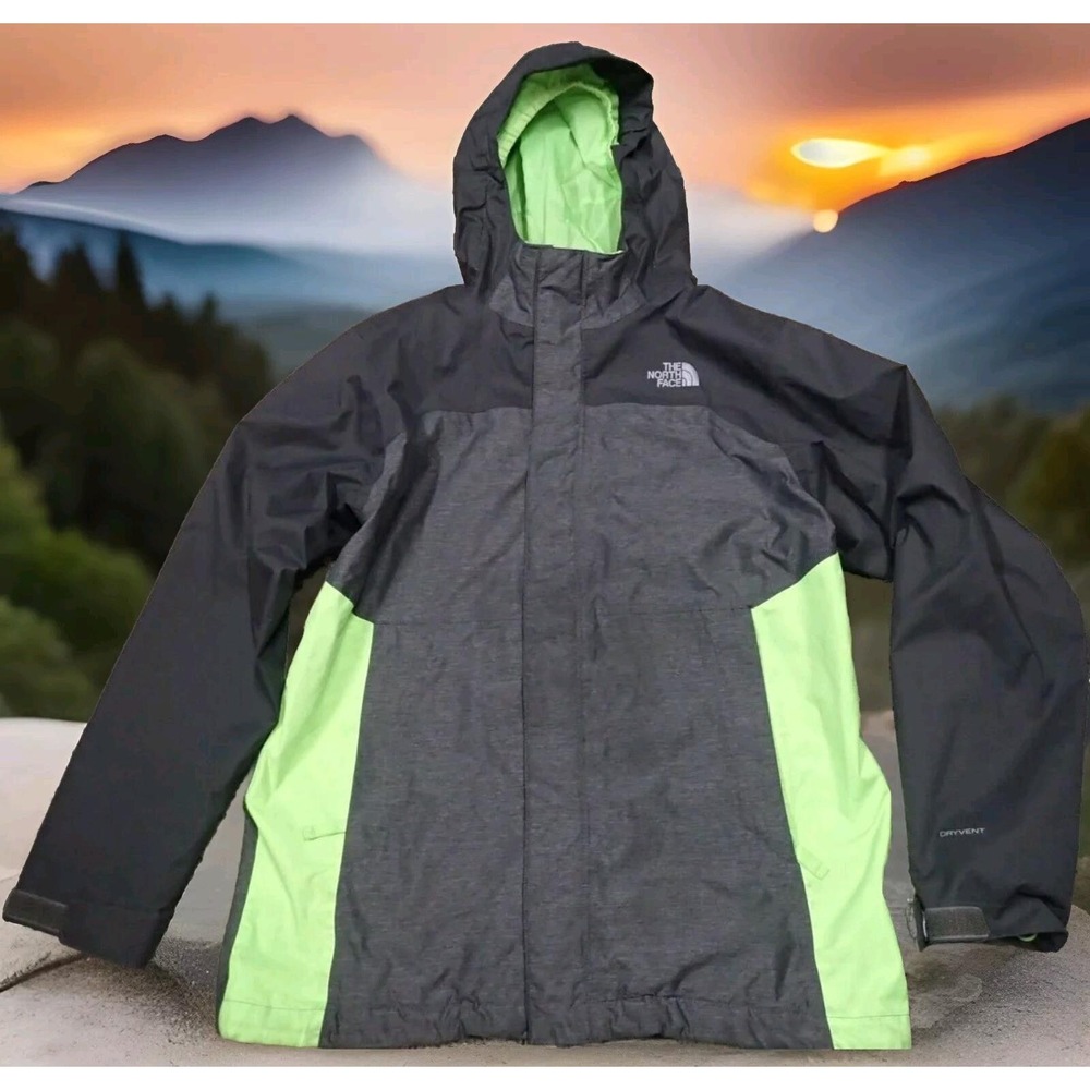 The North Face Rain Jacket Boys Large 14/16 Grey Green Good DryVent Hooded Shell